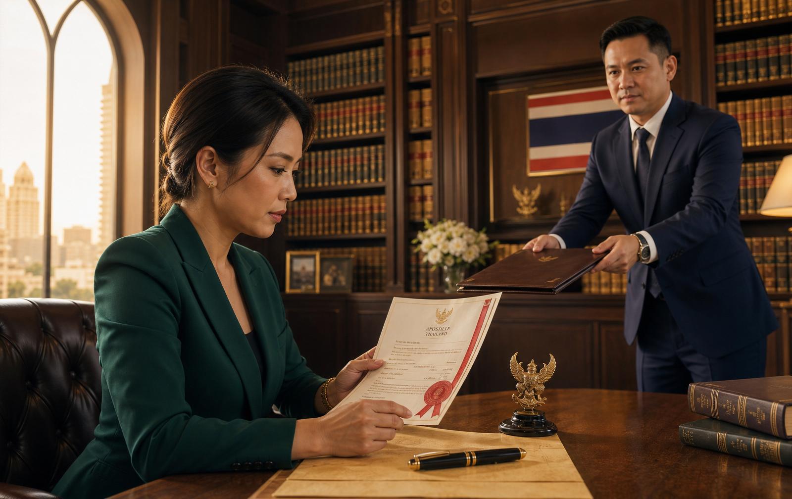 ทนายผู้รับรอง NYC Legal & Notary กำลังตรวจเอกสาร Apostille พร้อมมอบแฟ้มเอกสารให้ case-officer ประจำเคส ในบรรยากาศห้องทำงานหรูใจกลางกรุงเทพฯ