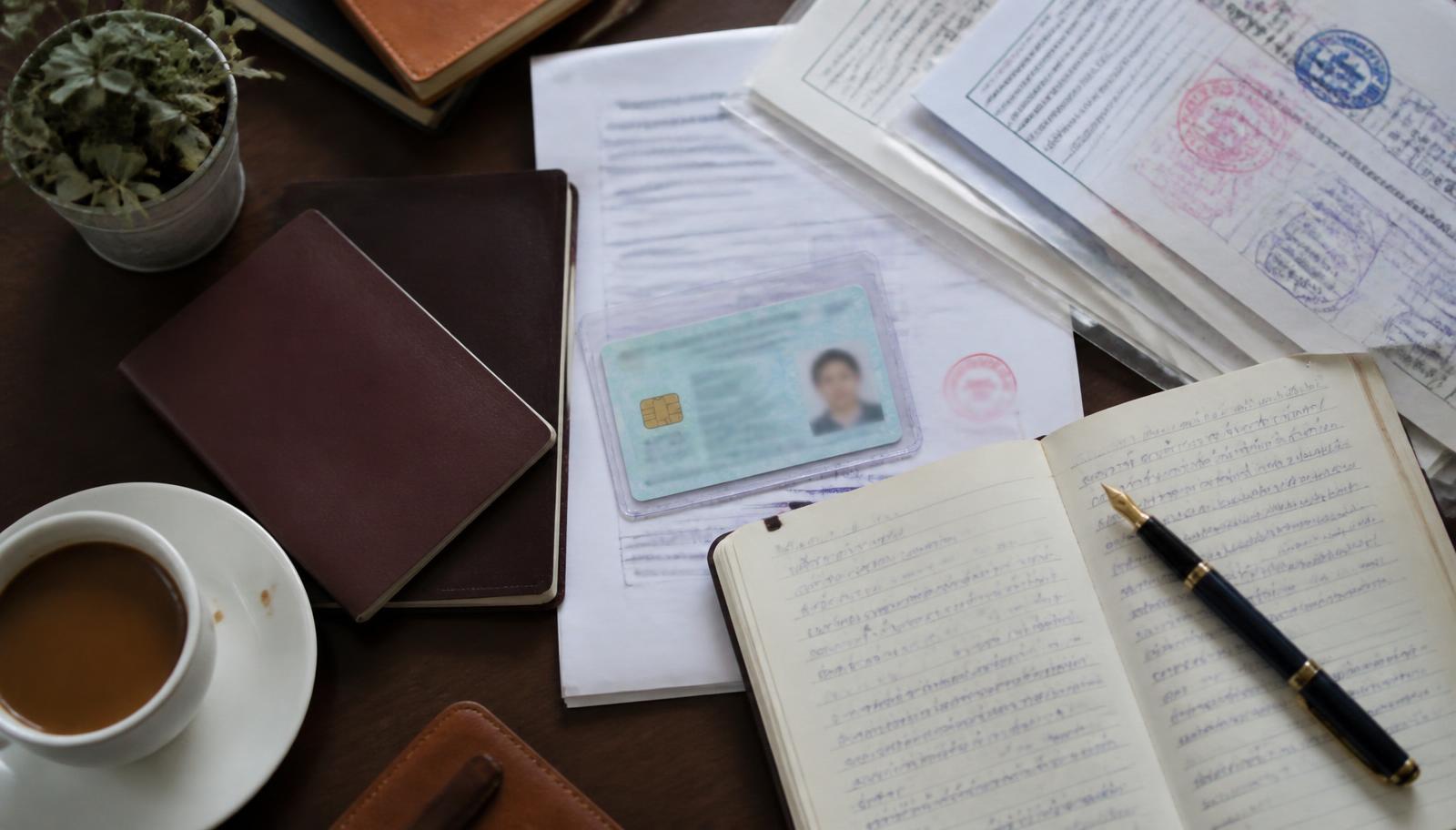 เอกสารราชการที่ประทับตรา หนังสือเดินทาง และสมุดบันทึกวางบนโต๊ะทำงาน