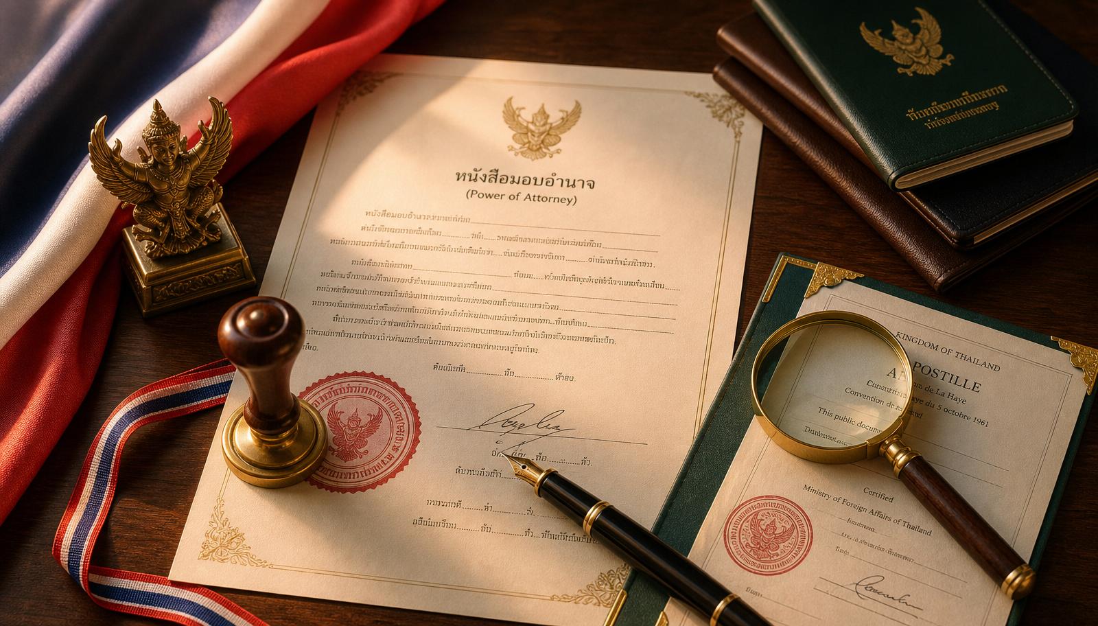 เอกสาร Power of Attorney (หนังสือมอบอำนาจ) พร้อมตราปั๊ม Notary Public สีแดง ตราครุฑ ริบบิ้นไตรรงค์ ปากกา Montblanc และใบรับรอง Apostille จากกระทรวงต่างประเทศไทย